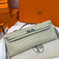 HERMES KELLY CUT 31 IN PEARL GRAY ALLIGATOR LEATHER WITH SILVER HARDWARE