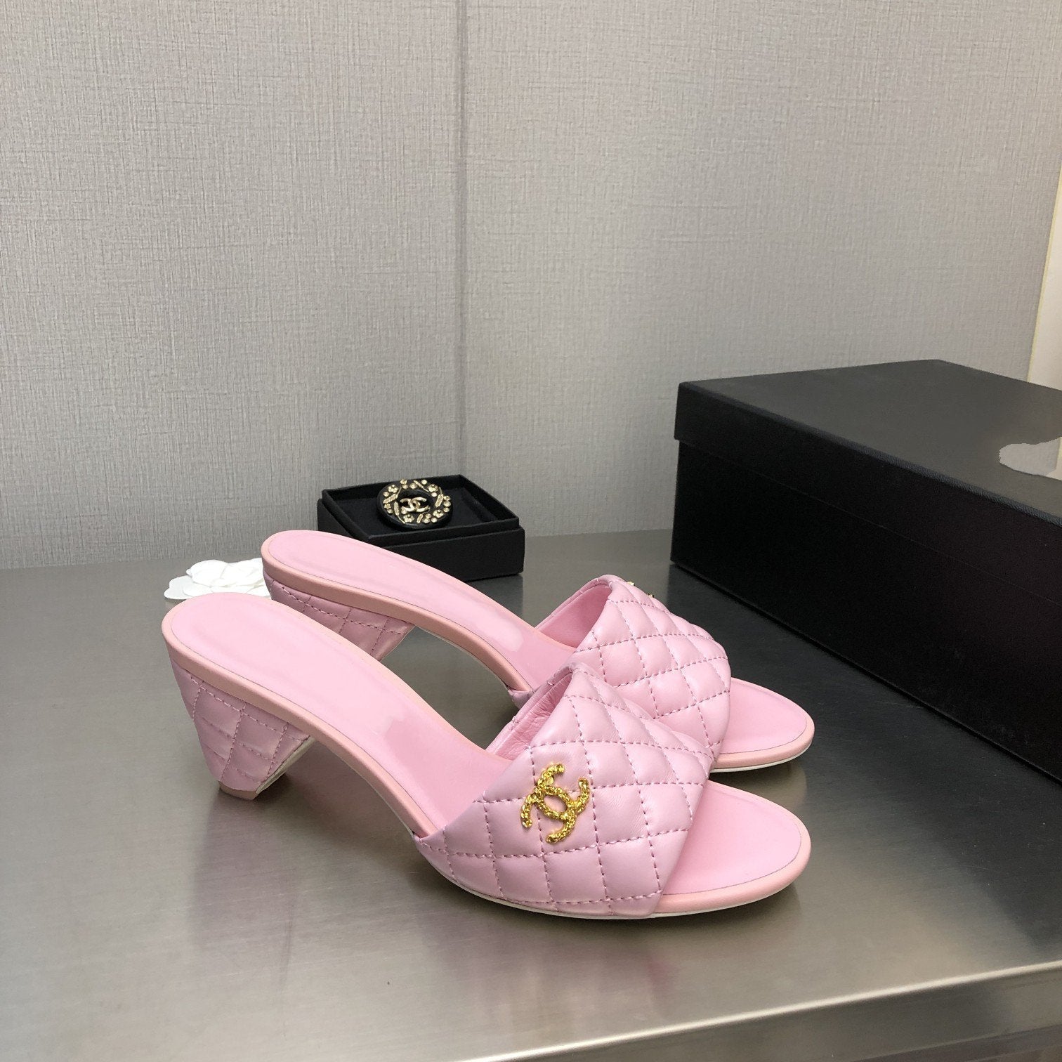 CHANEL rev cone heel mule slide sandal pink quilted lambskin 6cm