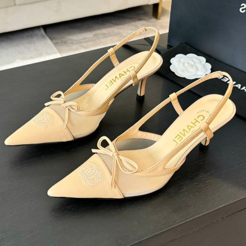 CHANEL MESH LOGO SLINGBACKS IN BEIGE LAMBSKIN