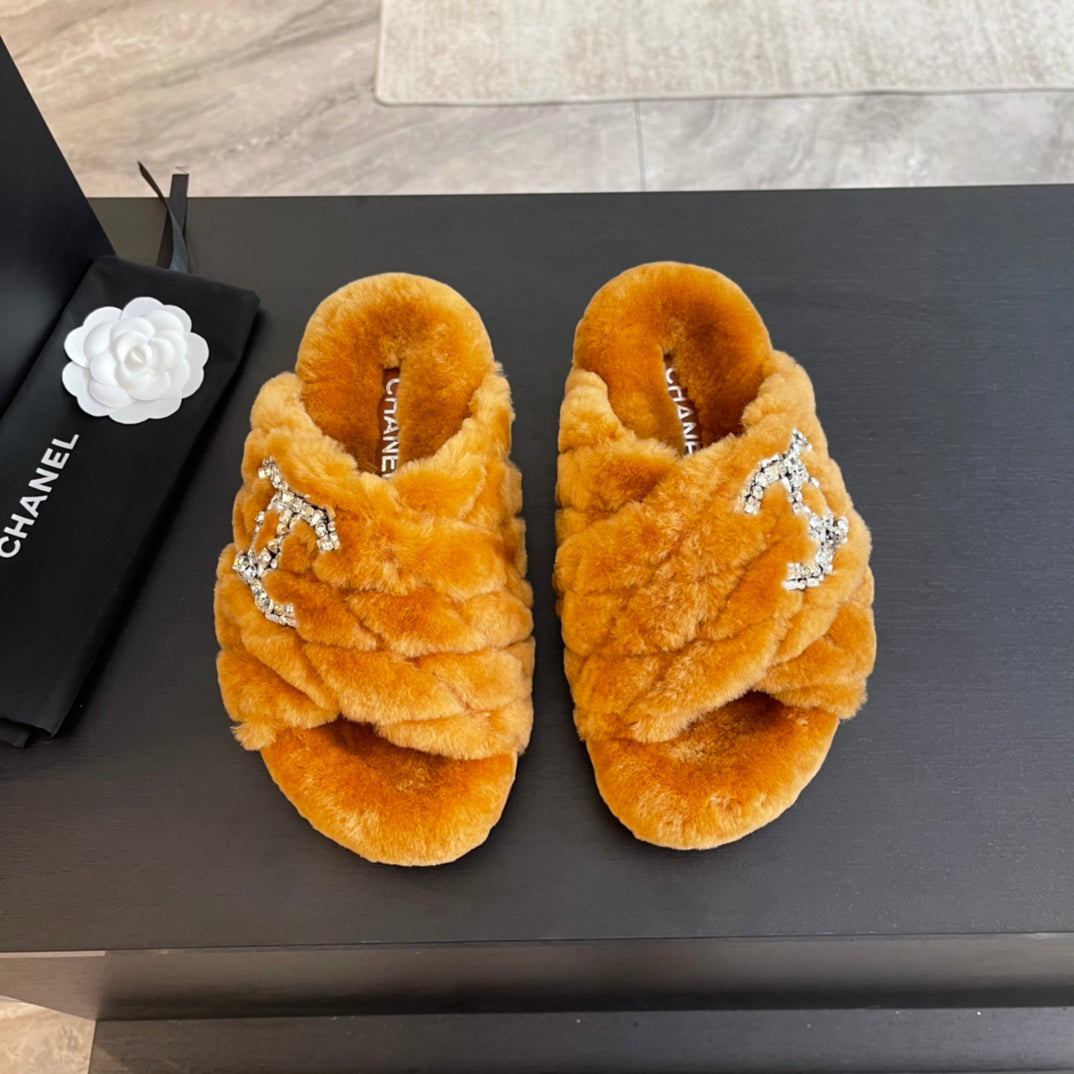CHANEL SAFETY ORANGE FUR CROSS STRAP SLIPPERS