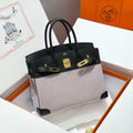 HERMES QUADRILLE BIRKIN 30CM IN BLACK SWIFT CALFSKIN WHITE BLUE PINK PLAID TOILE CANVAS