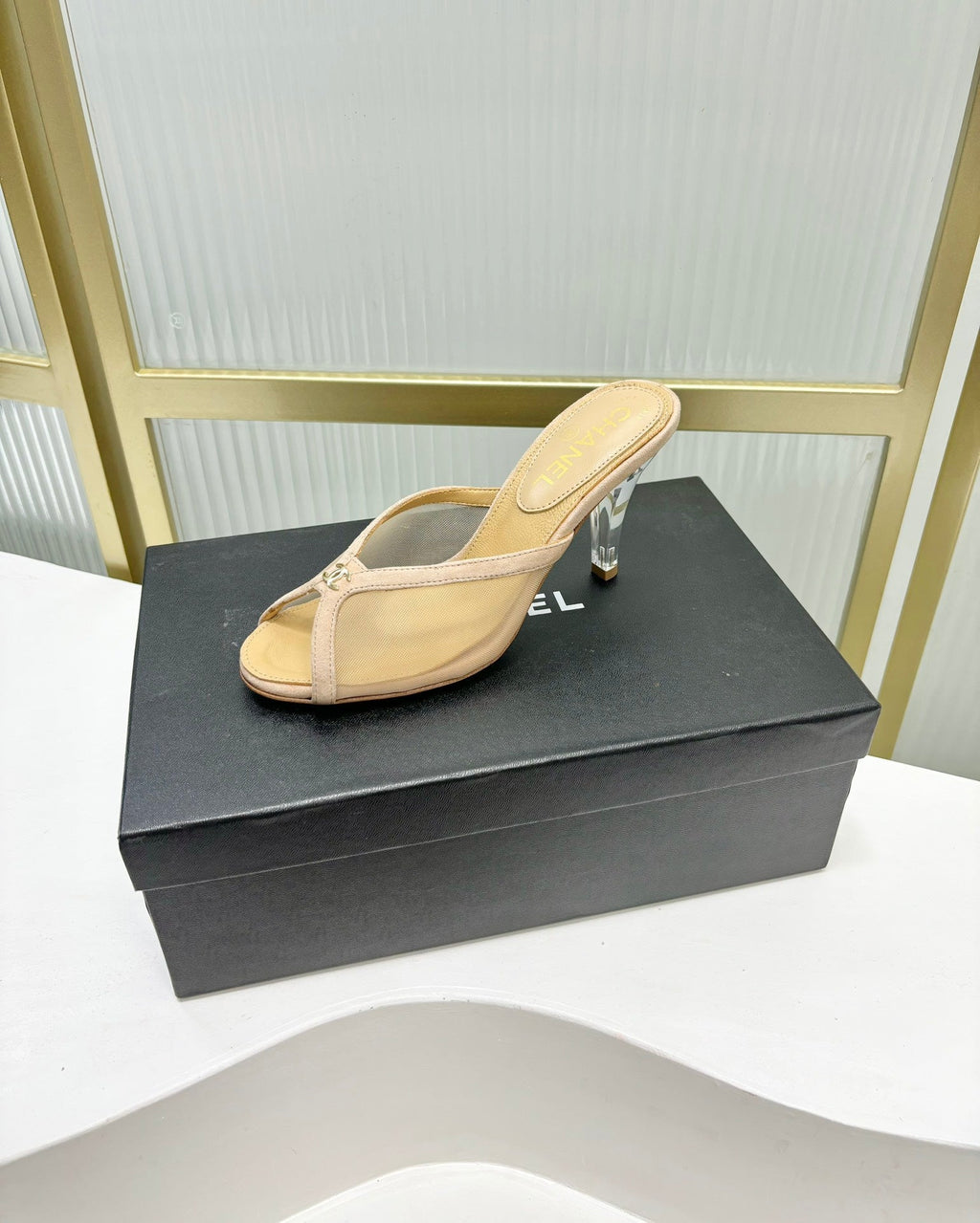 CHANEL HIGH HEEL PEEP TOE IN BEIGE CREAM BREATHABLE MESH