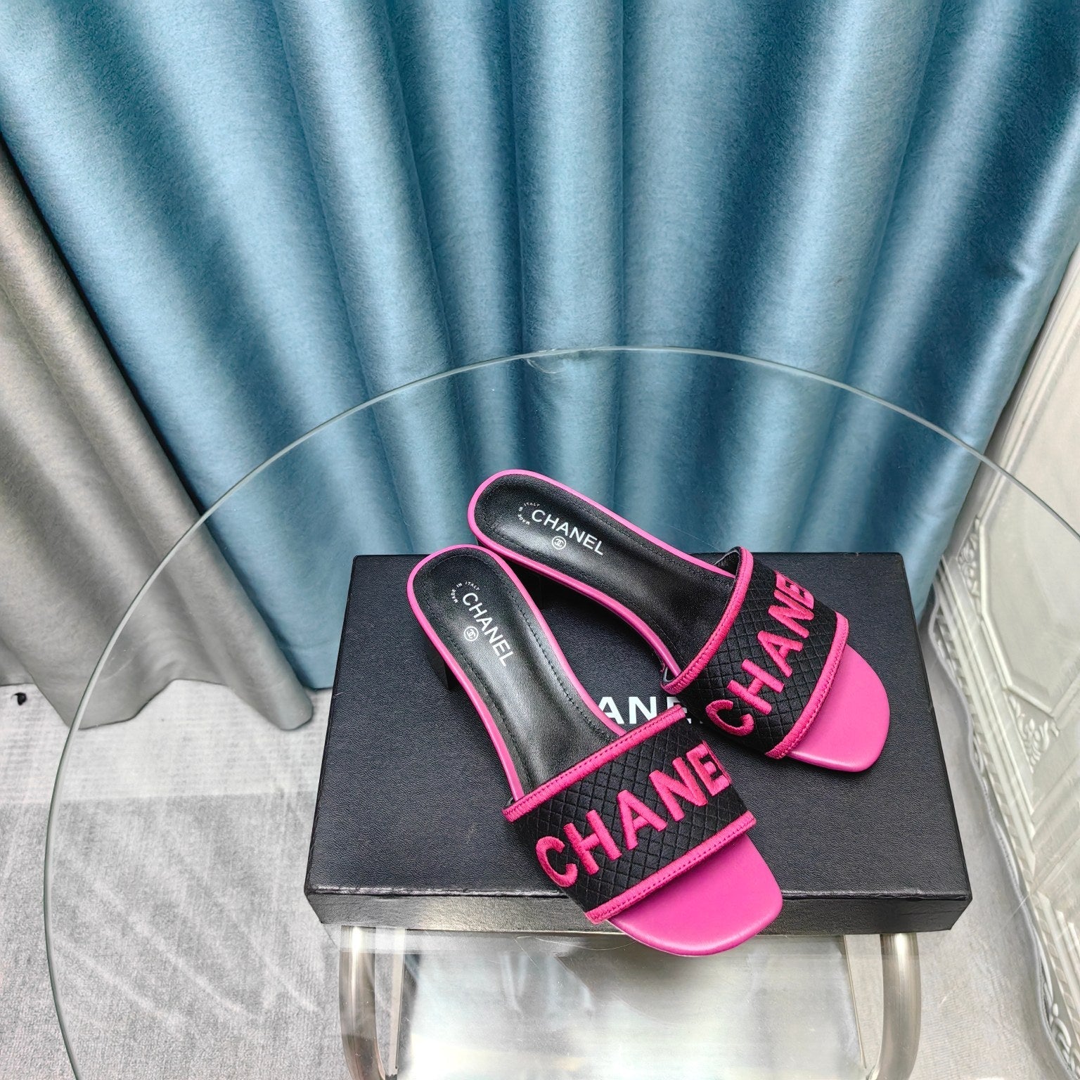 CHANEL MULE SANDAL 45 BLACK PINK FABRIC EMBROIDERY
