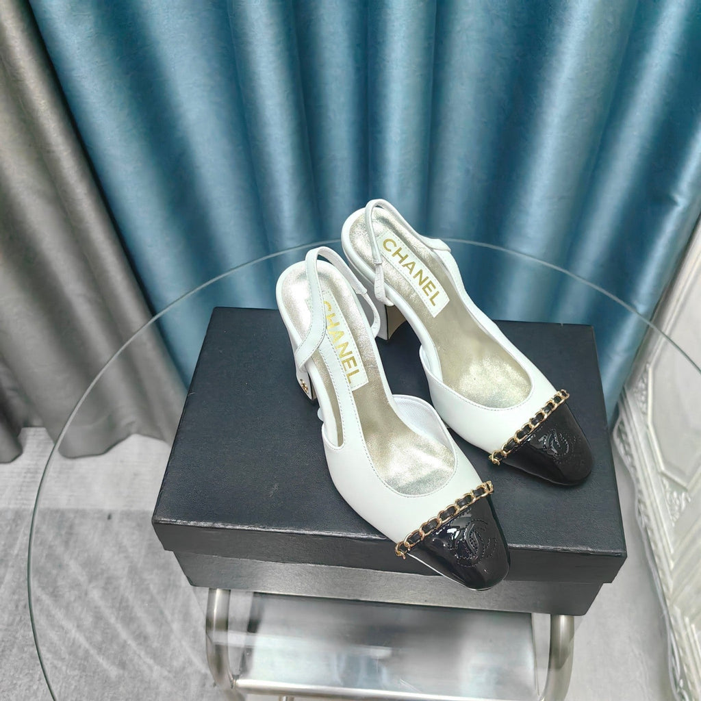CHANEL HIGH SLINGBACKS IN WHITE MIX BLACK LAMBSKIN
