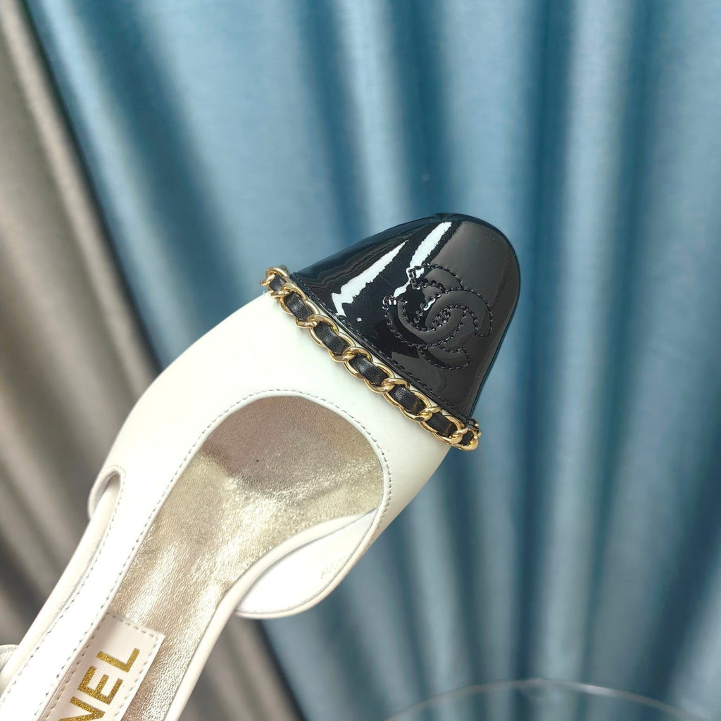 CHANEL HIGH SLINGBACKS IN WHITE MIX BLACK LAMBSKIN