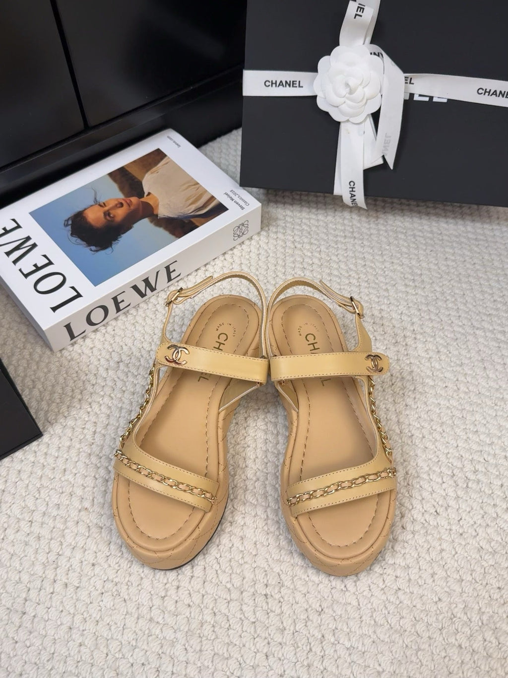 CHANEL THICK-SOLED SANDALS 55 MM IN SAND YELLOW CALFSKIN