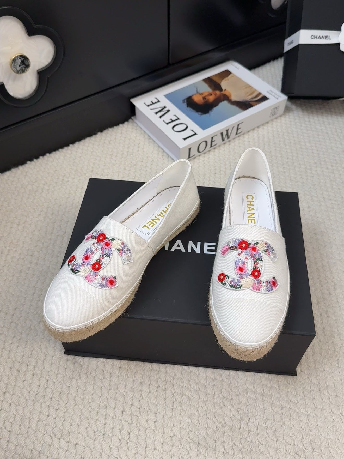 CHANEL LOAFER IN WHITE CANVAS WITH COLORFUL LOGO