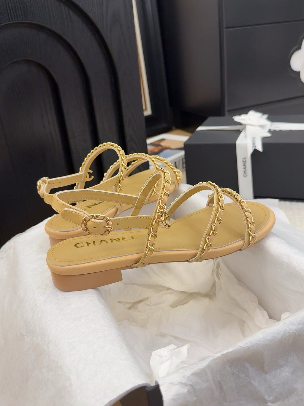 CHANEL THREE-STRAPS SANDALS IN SAND YELLOW CALFSKIN WITH GOLD HARDWARE