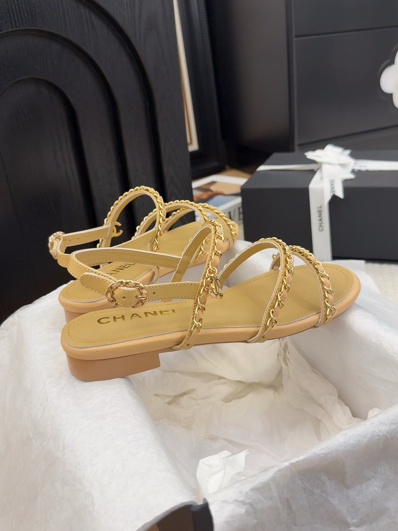CHANEL THREE-STRAPS SANDALS IN SAND YELLOW CALFSKIN WITH GOLD HARDWARE