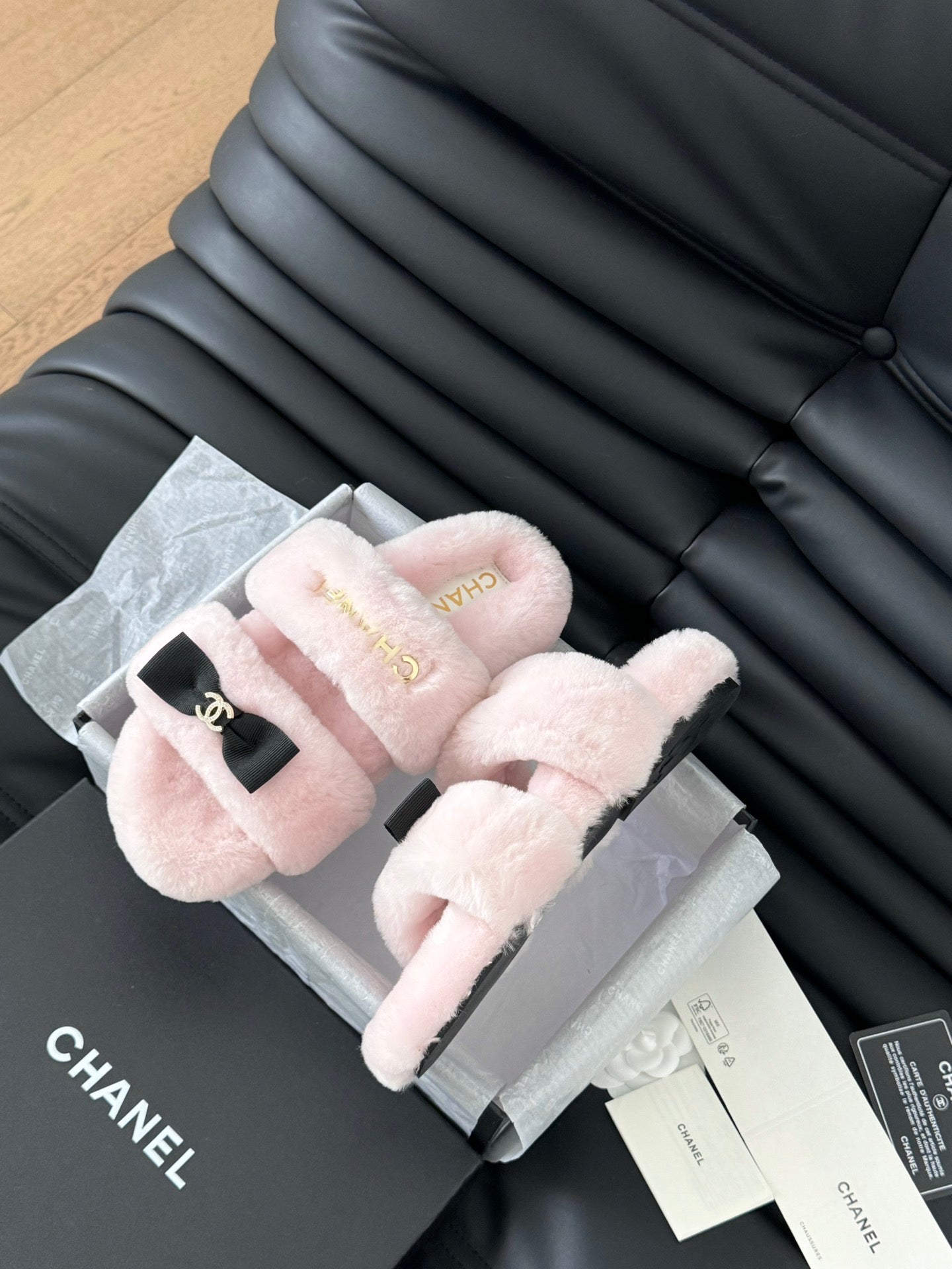 CHANEL DAD SANDAL MULE IN PASTEL PINK FLEECE WITH GOLD HARDWARE