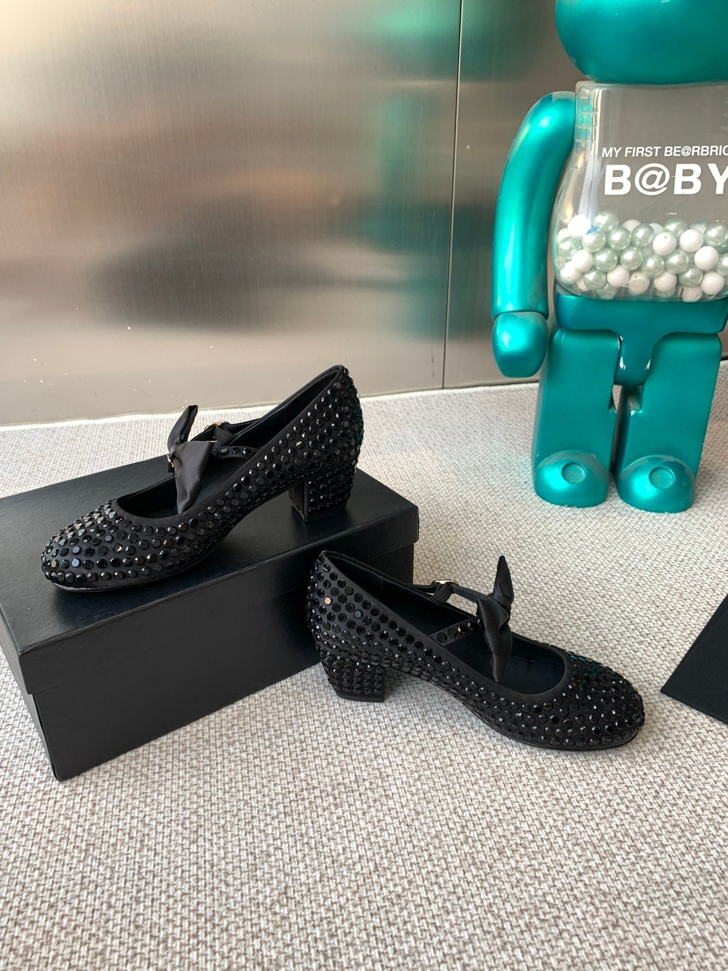 CHANEL MARY JANES SHOES IN BLACK SATIN WITH RHINESTONES