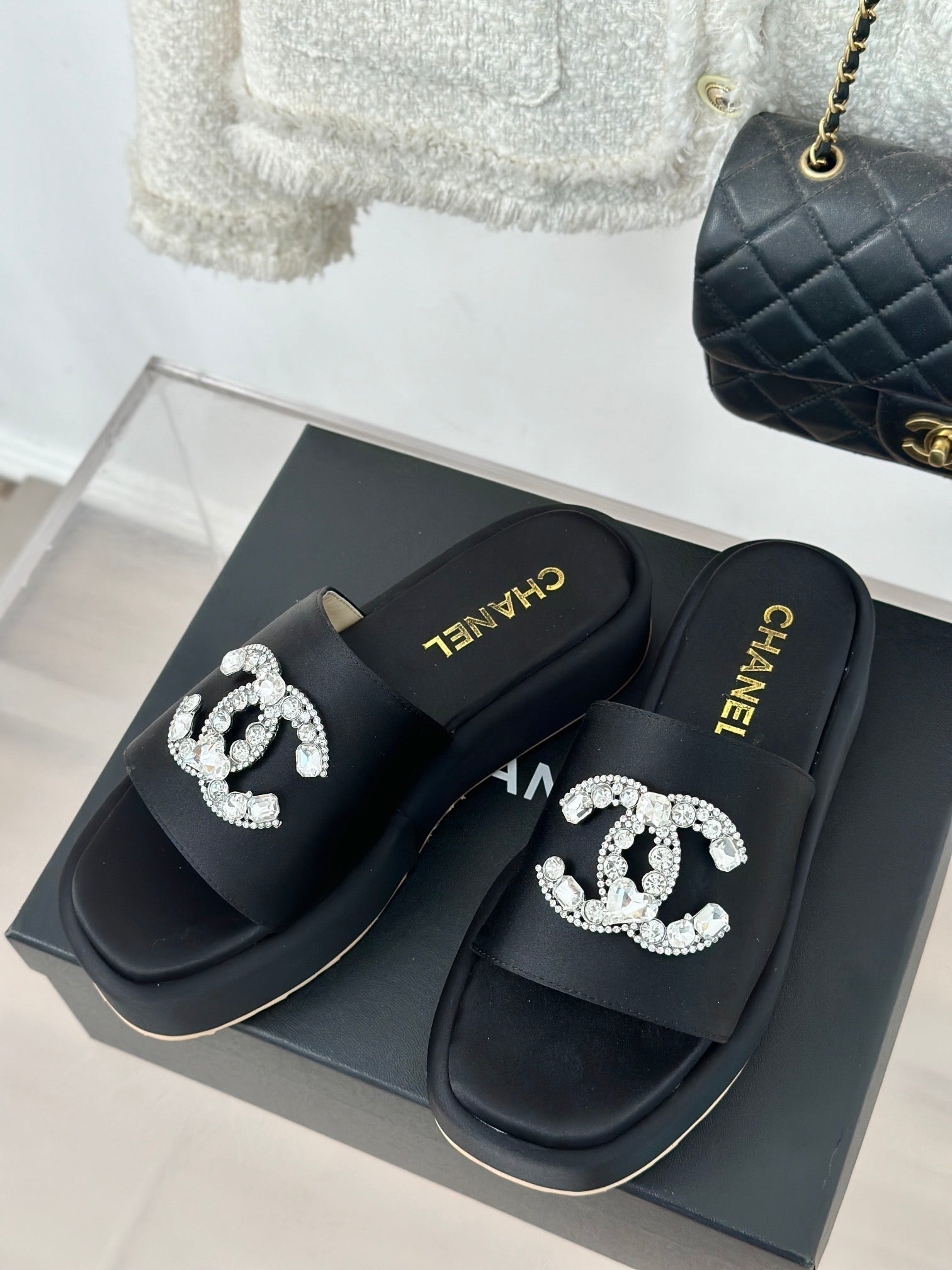 CHANEL SLIPPERS THICK SOLE IN BLACK SATIN